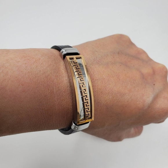 Stainless Steel Leather Cuff Silver and Gold Tone Metal Bracelet - Picture 1 of 7